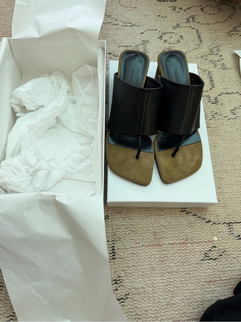 Women’s Black Leather and Olive Suede Square-Toe Mules